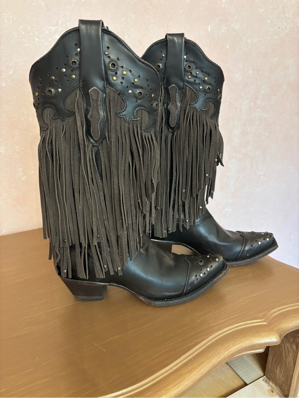Fringed Studded Black Western Heeled Boots
